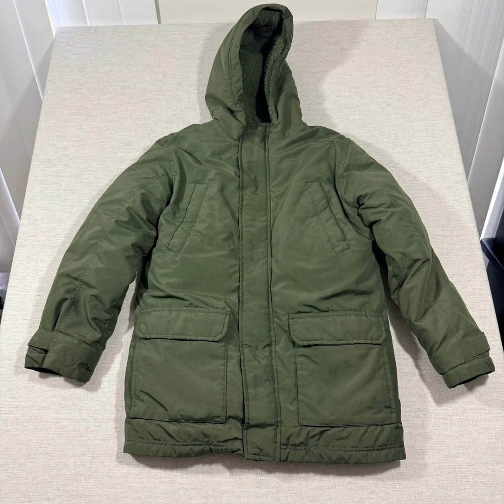 Old Navy Parka Boys L 10-12 Green Good Sherpa Lined Hooded Water-Resist Jacket